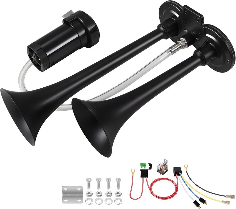 banhao Train Horn for Truck 150db Super Loud Truck Air Horn for Car with Compressor, Suitable for Any 12V Vehicles Train Car Ship Boat Lorry (12V, Black 2 tube horns with wire) - Image 1